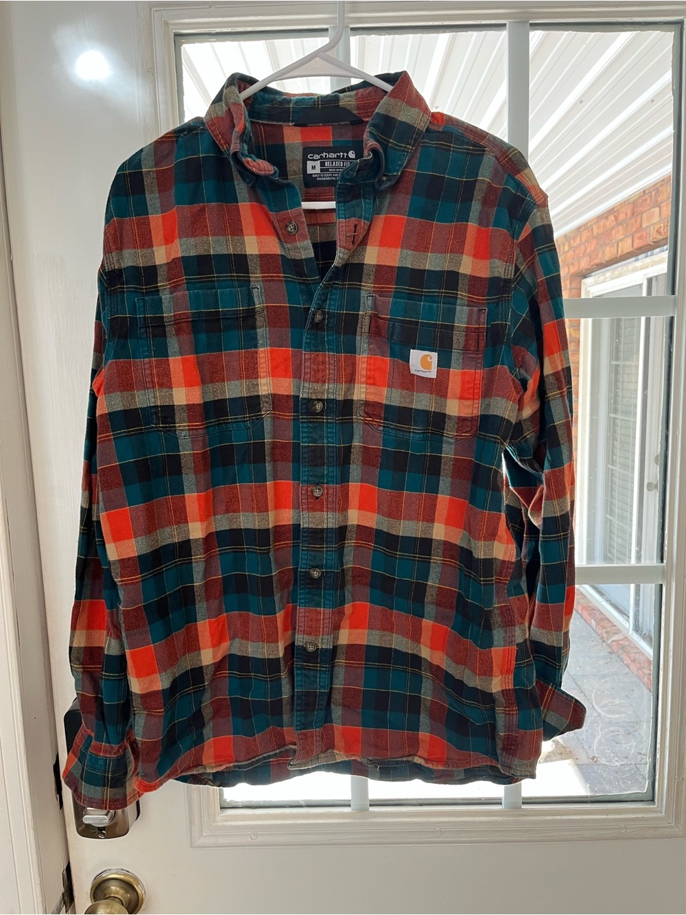Carhartt Men's Orange & Teal Plaid Flannel Button-Down Shirt